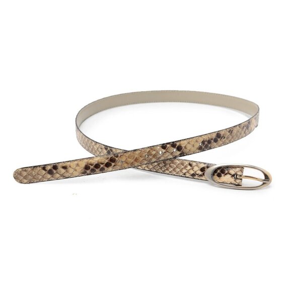 Vintage Snakeskin Skinny Belt Beige Brown Reptile Gold Oval Buckle 80s Mobwife - Picture 1 of 8